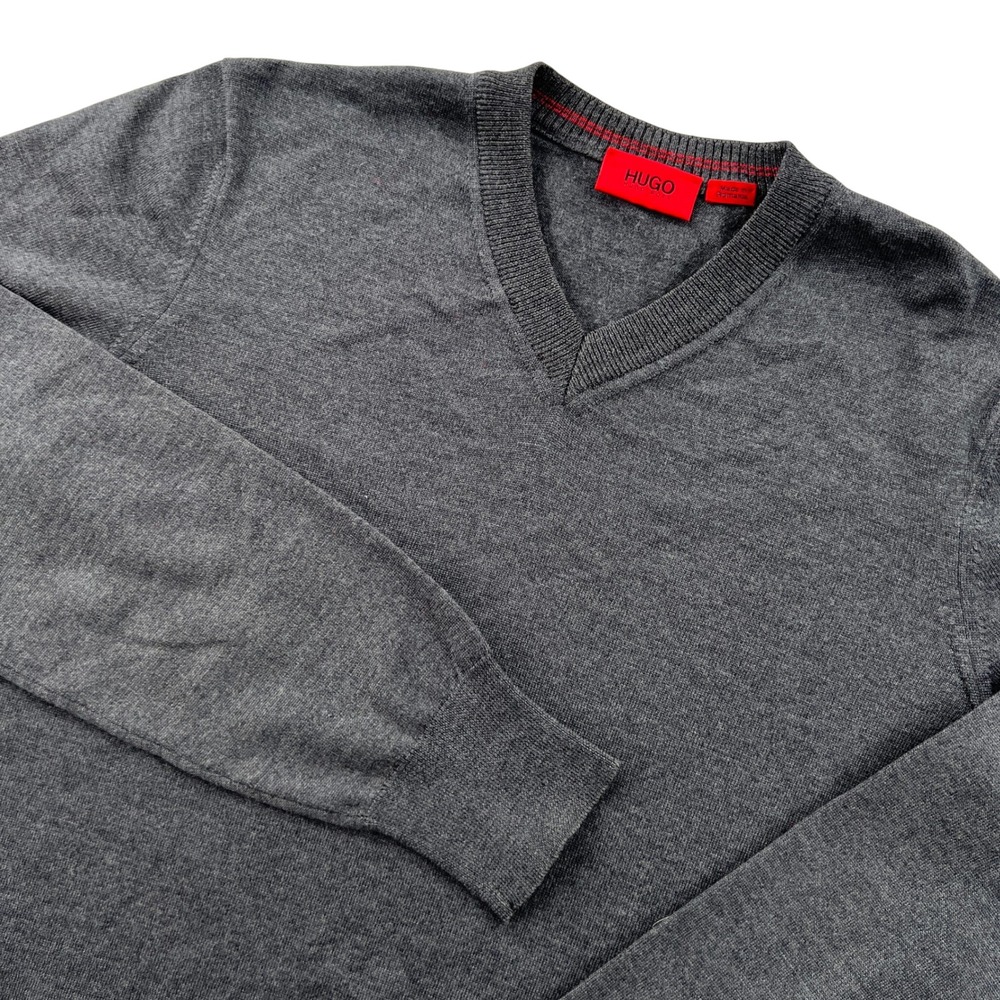 Hugo Boss V-Neck Sweater M Charcoal Grey Virgin Wool Sacorallo Minimalist Casual